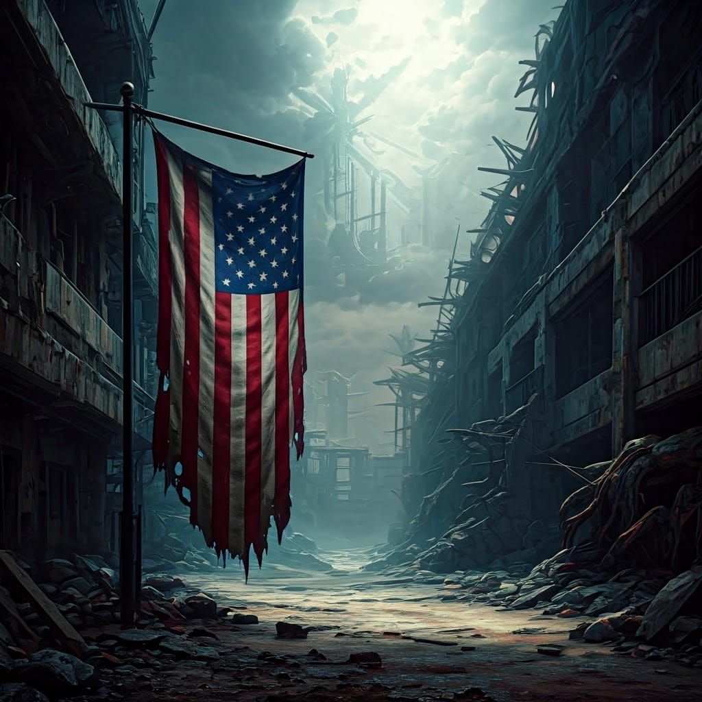 Post-Apocalyptic American Flag in Ruined Landscape