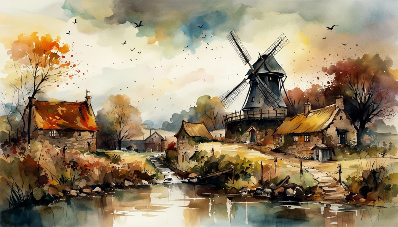 Medieval Windmill Village in Watercolor Style