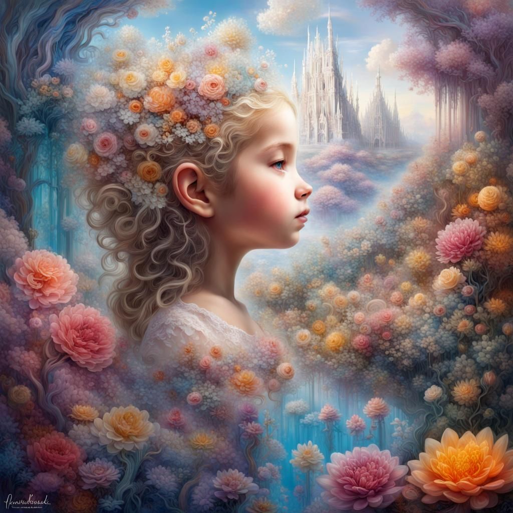Dreamlike Crystal Child with Quantum Flowers