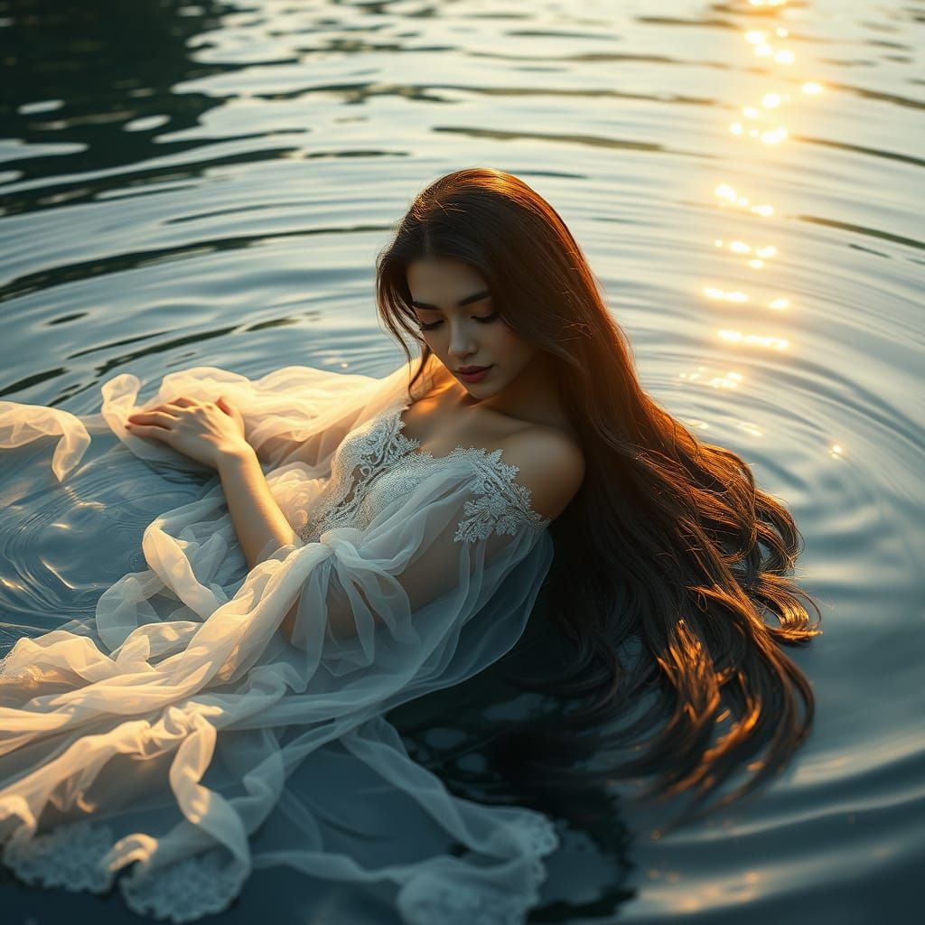 Serene Woman on Shimmering Water in Dreamlike Digital Art