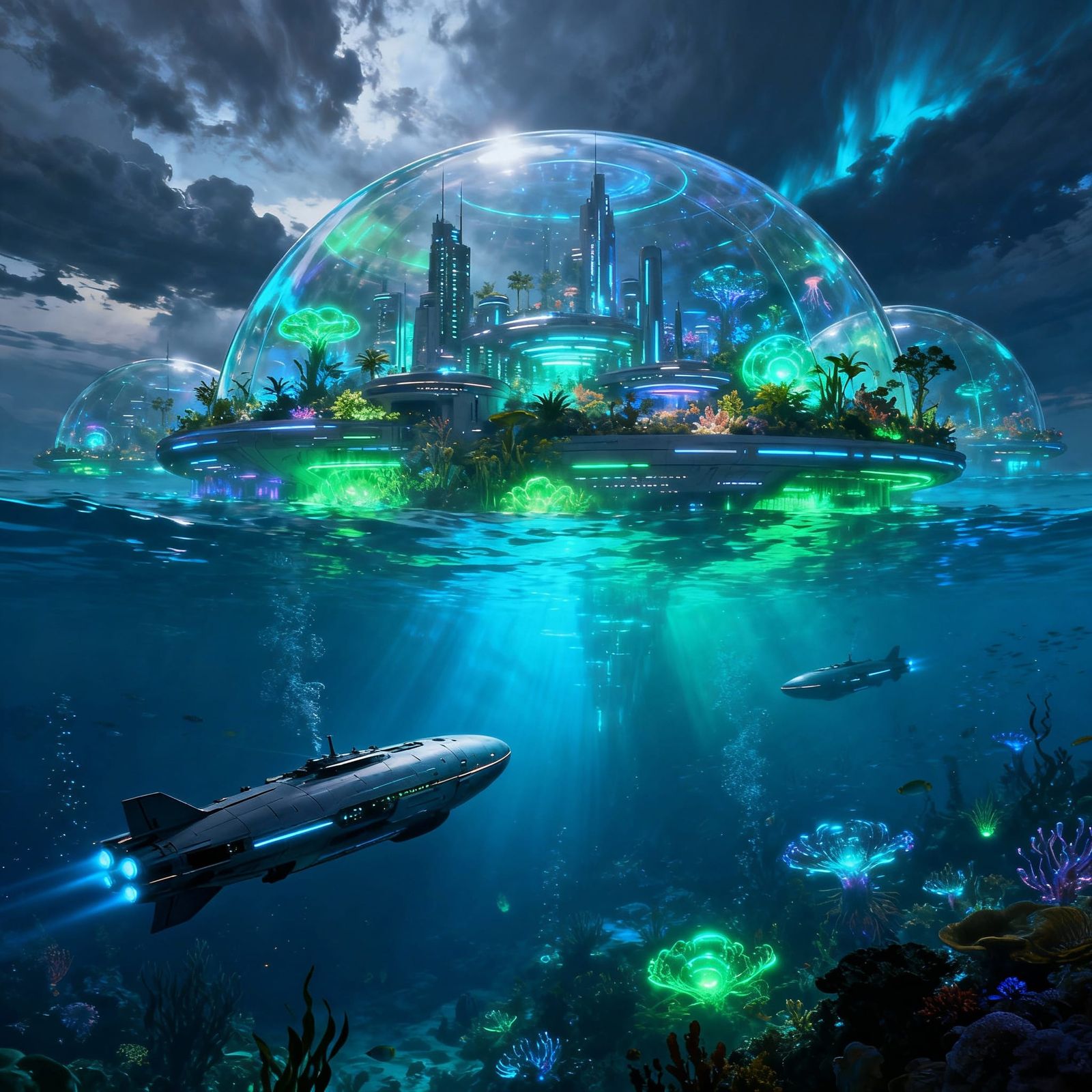 Futuristic Underwater City with Bioluminescent Life in Digit...