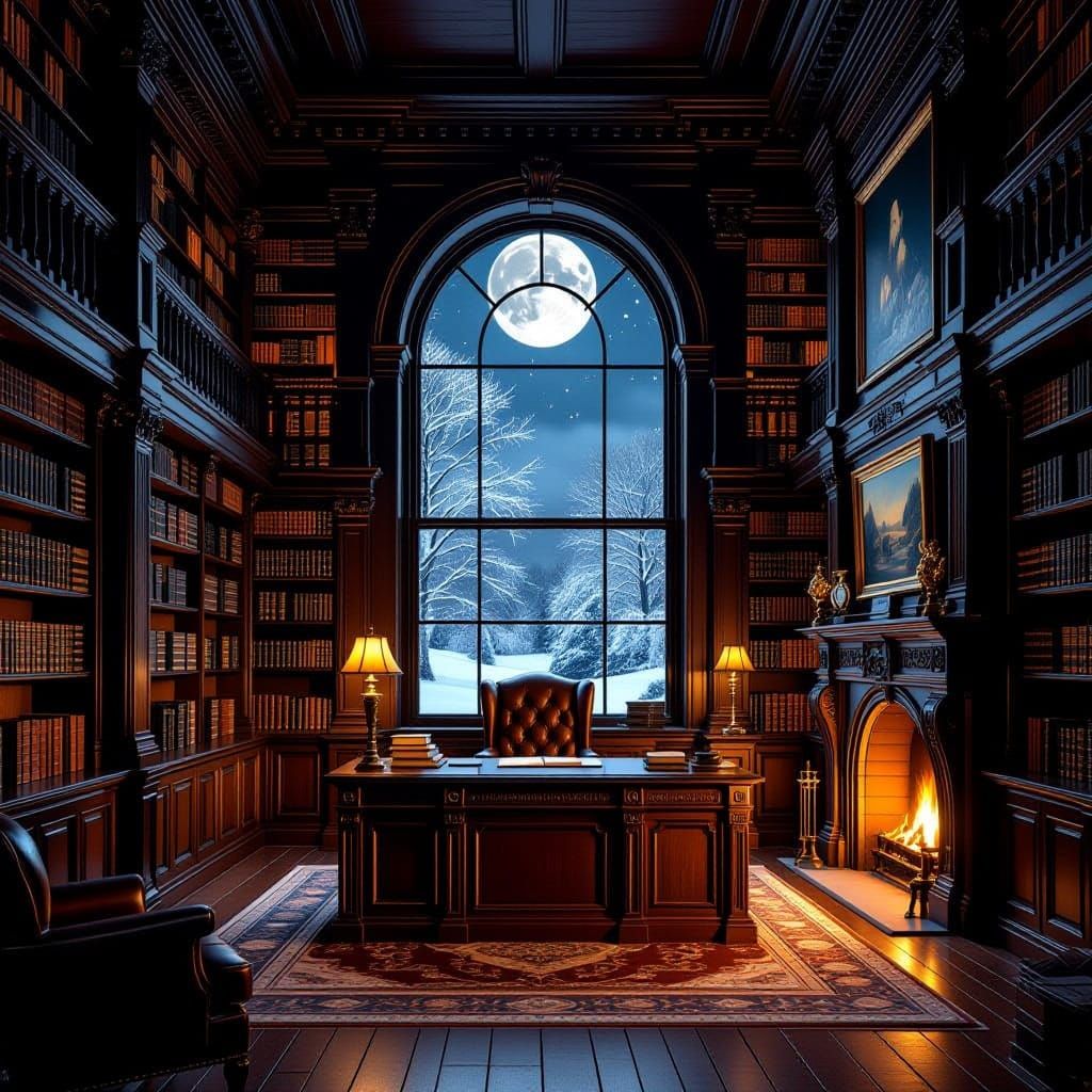 Opulent Library Interior with Winter Moonscape View