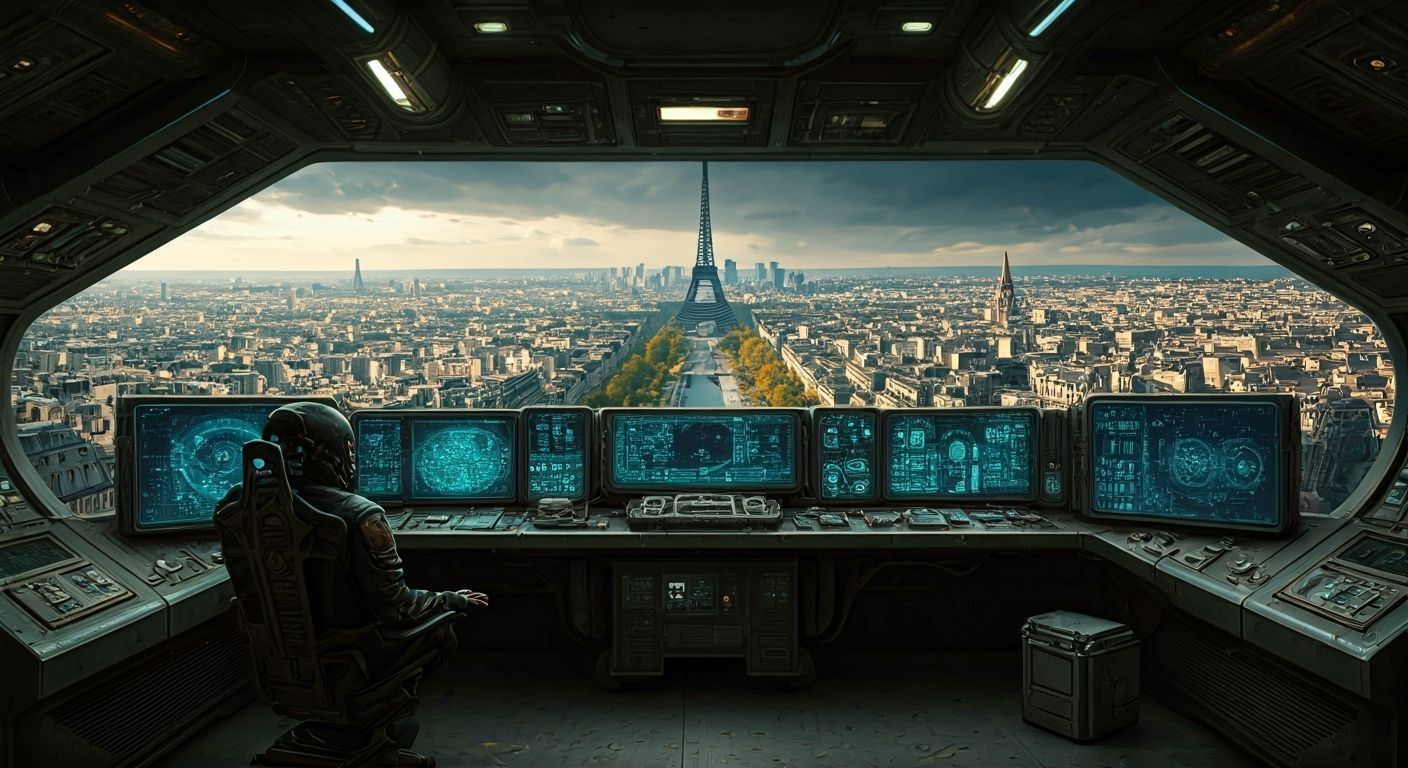 Cyberpunk Paris Cabin with Victorian Tech View
