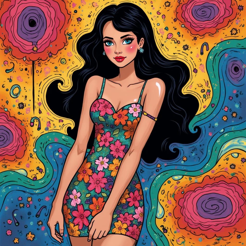 Psychedelic Woman in Floral Dress, Pop Art Style
