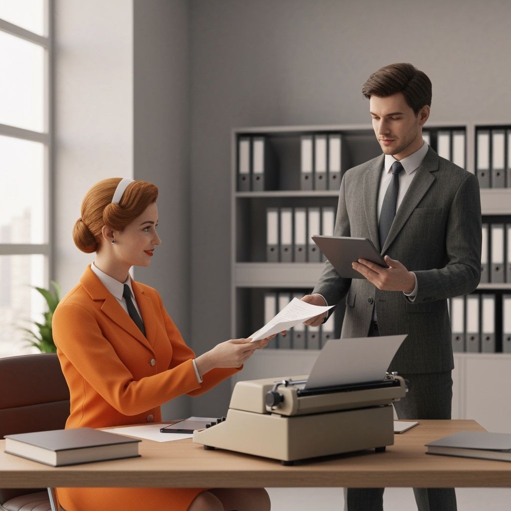 Modern Worker Meets 1950s Secretary with Tablet and Typewrit...