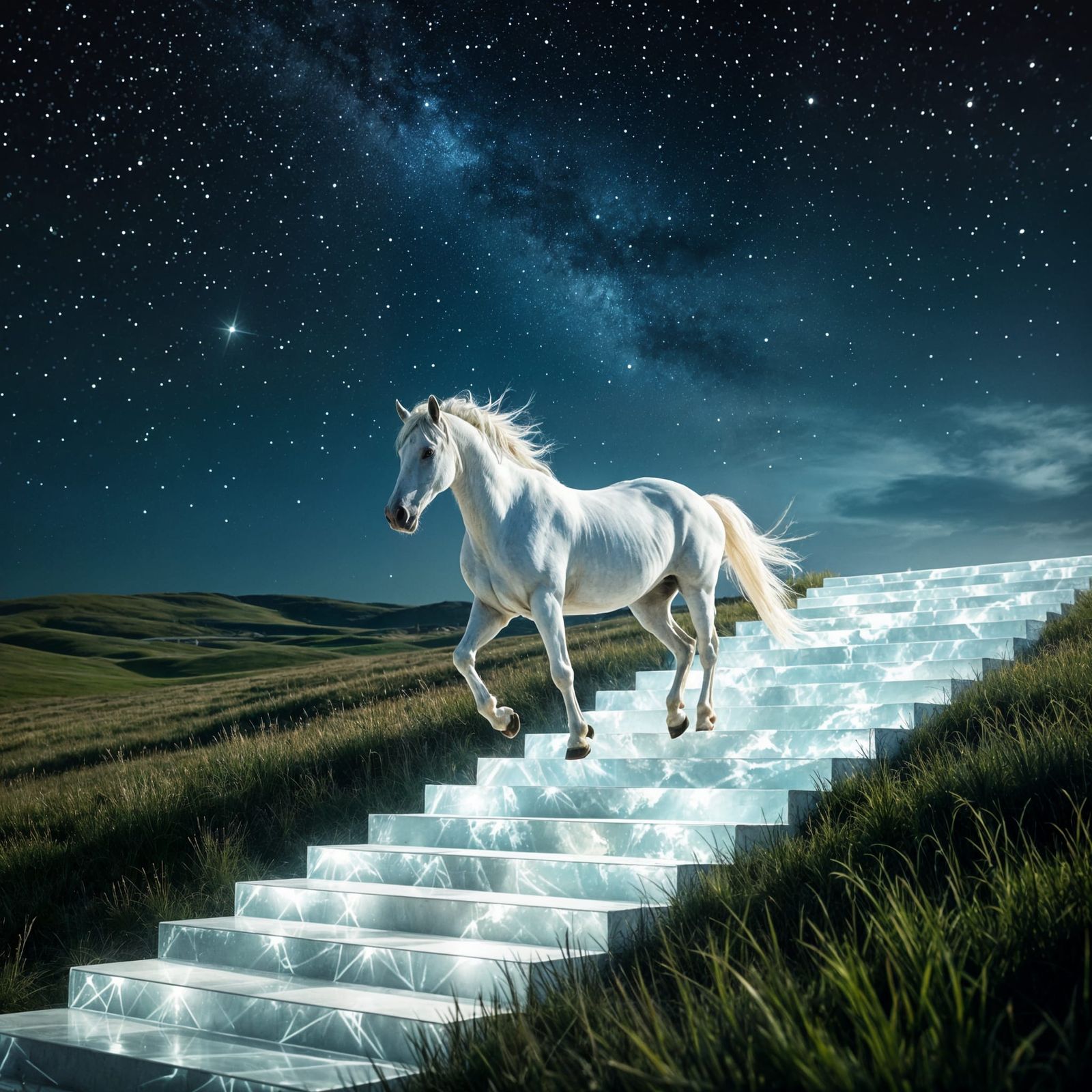 White Stallion Ascends Starry Stairs Over Prairie