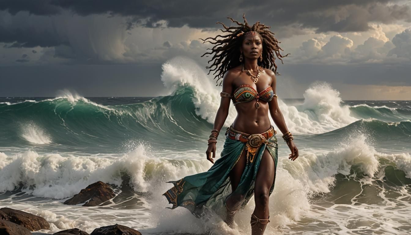 Queen Faces Stormy Sea in Hokusai Style