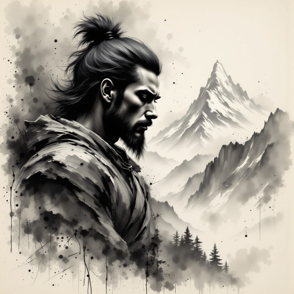 Charcoal portrait of Samurai in the mountains