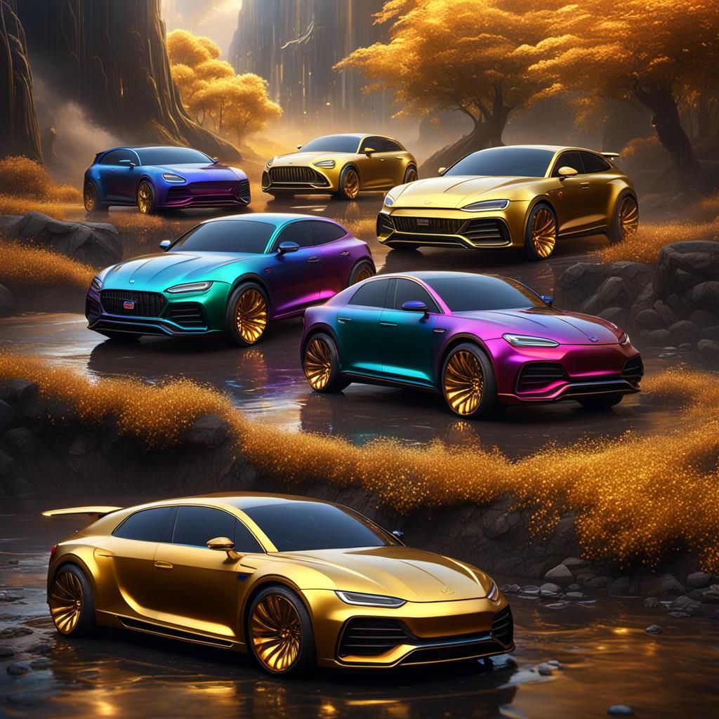 Golden Rainbow Cars in Fantasy Concept Art