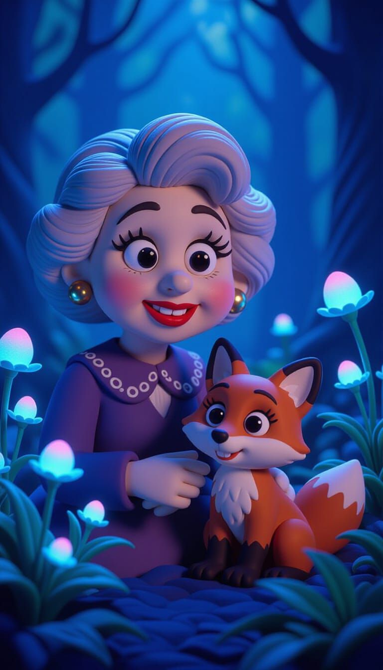 Claymation Grandma and Fox Cub in Bioluminescent Forest