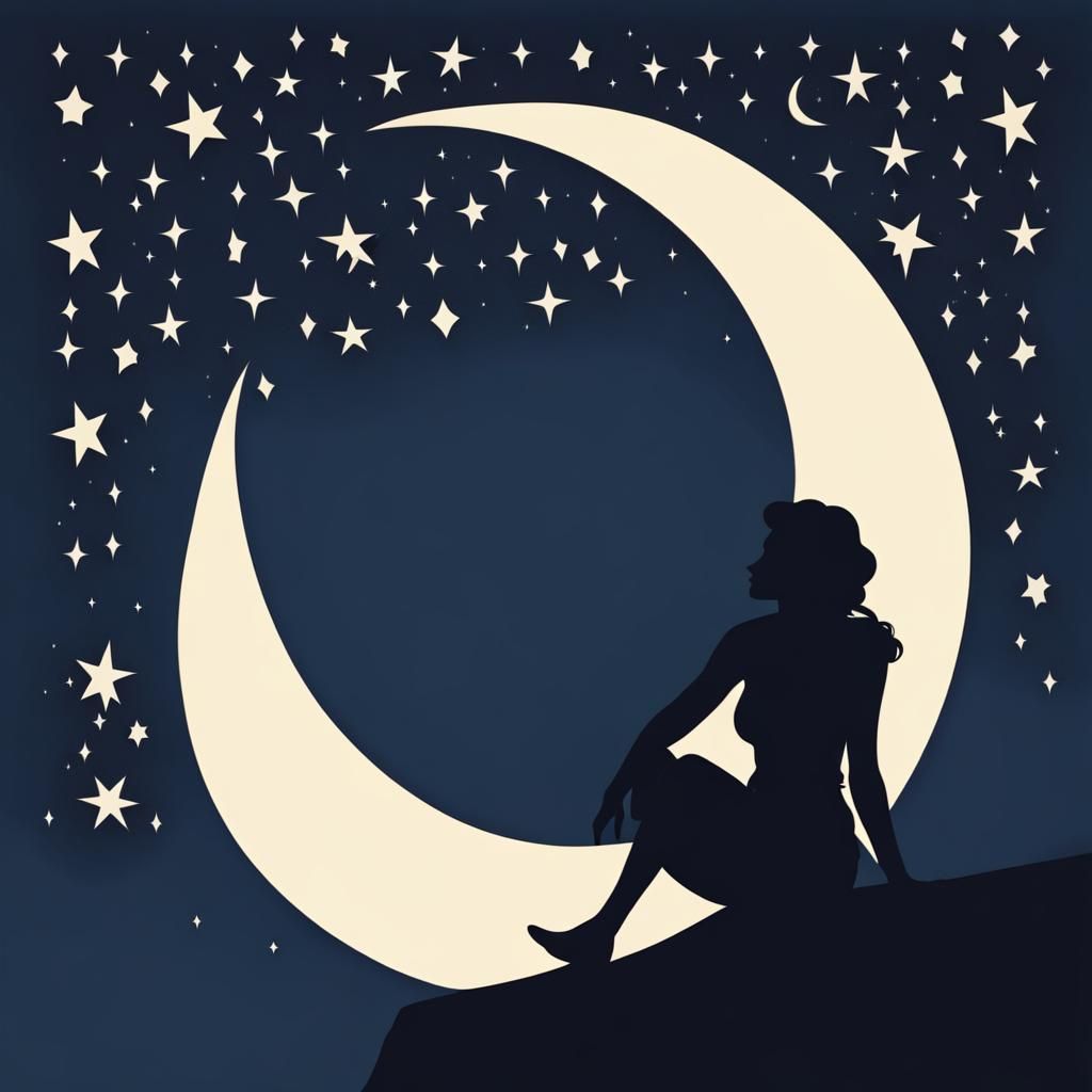 Woman on Crescent Moon Silhouette with Stars