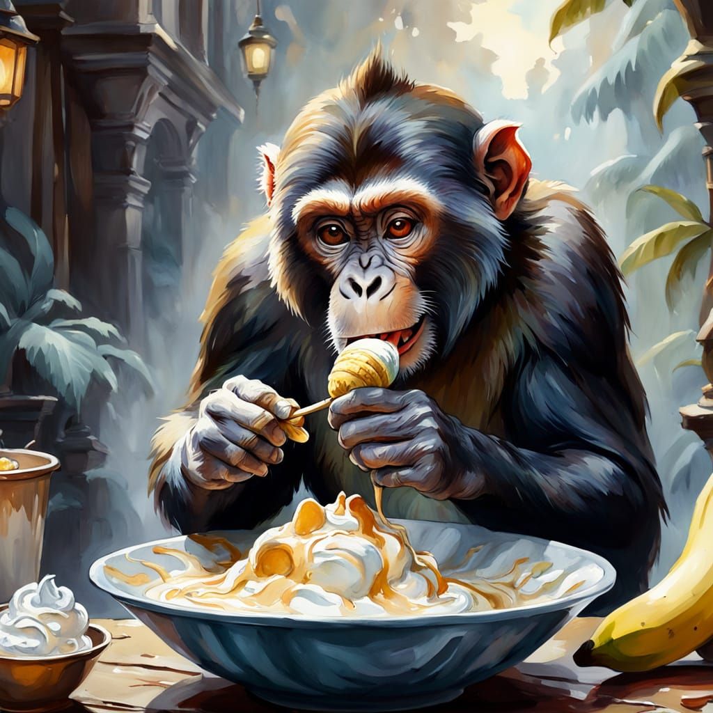 Monkey's Gouache-Style Ice Cream Feast in Golden Light