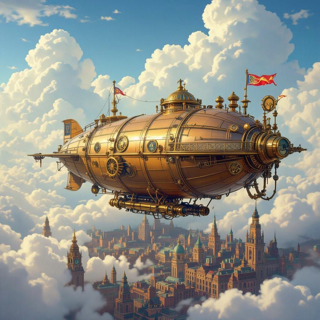Steampunk Airship Soaring Over Victorian Metropolis