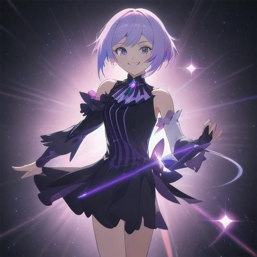 Smiling Anime Girl in Glossy Purple Dress