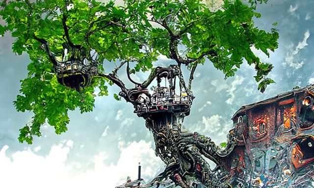 Solar-Punk Restaurant in Giant Tree, Lovecraftian Style