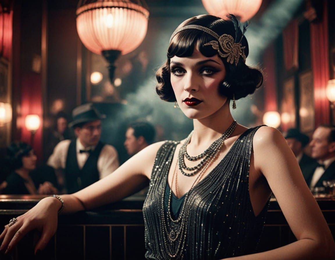 1920s Speakeasy Jazz Bar with Flapper in Art Deco Style
