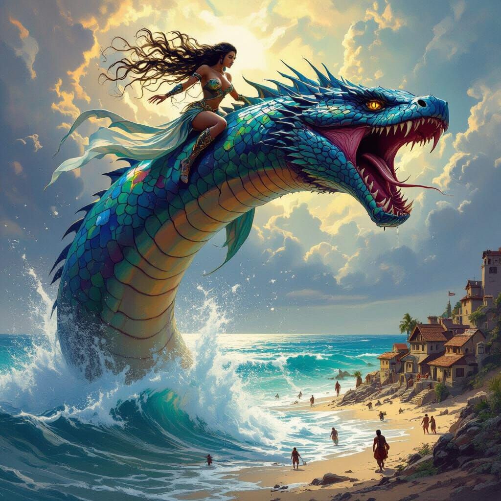 Warrior Woman Rides Sea Serpent Attacking Coastal Village