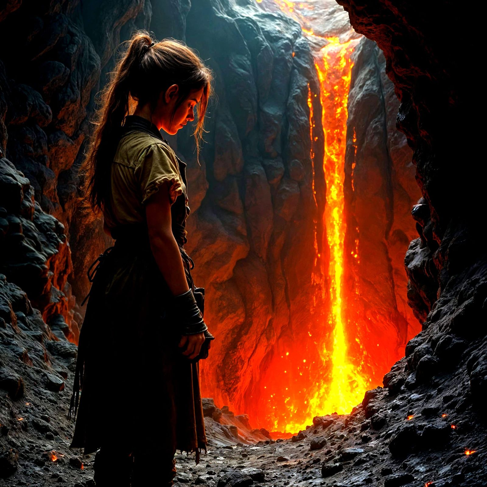 Gothic Dwarf Maiden Stares into Volcanic Abyss