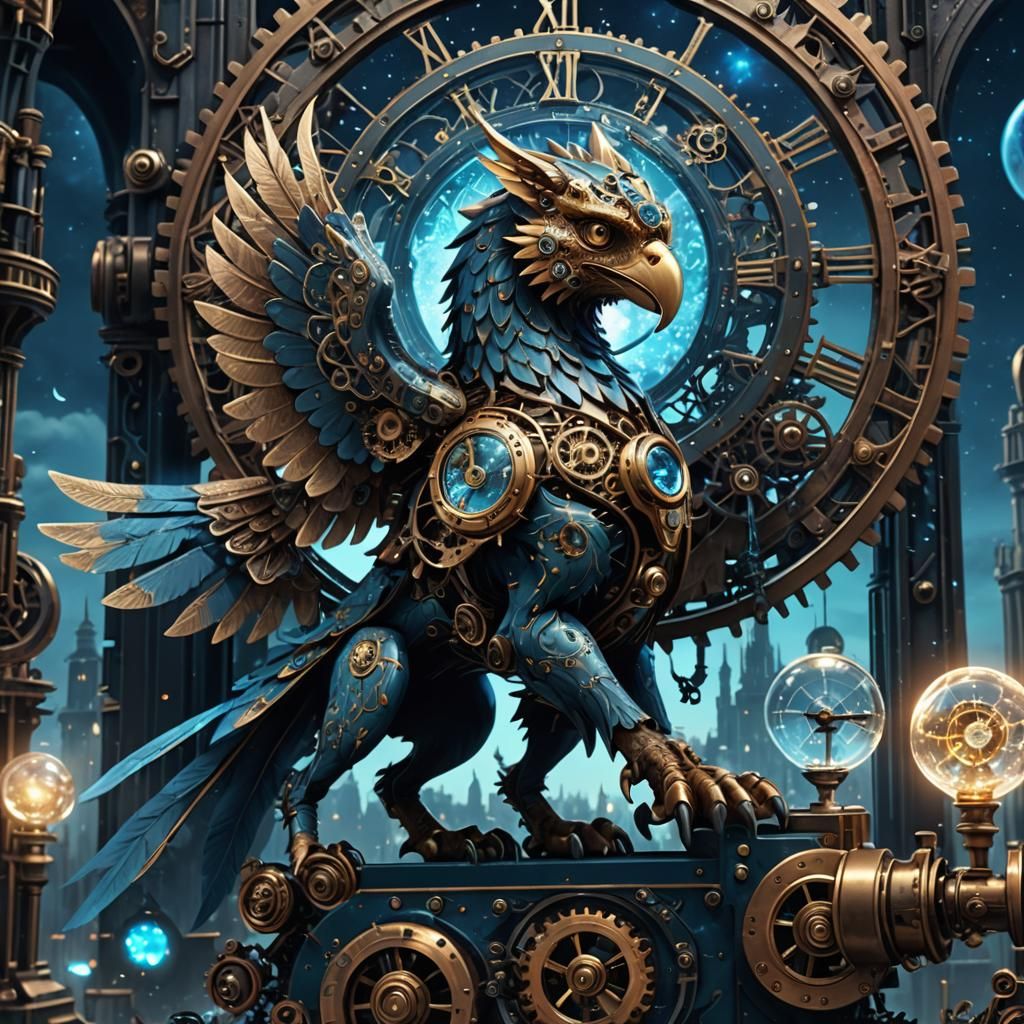 Steampunk Gryphon Soaring Through Crystal Galaxies