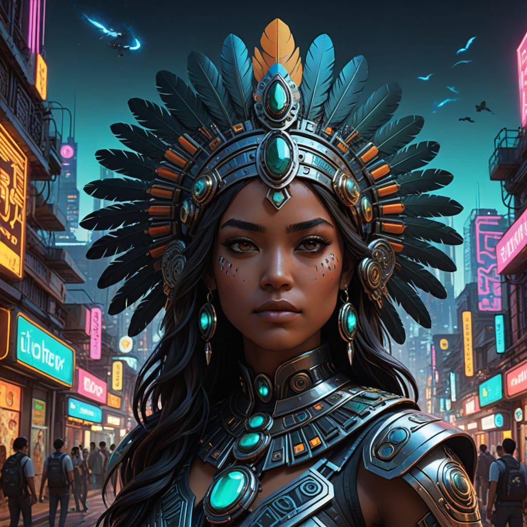 Confident Aztec Goddess in Futuristic Cityscape