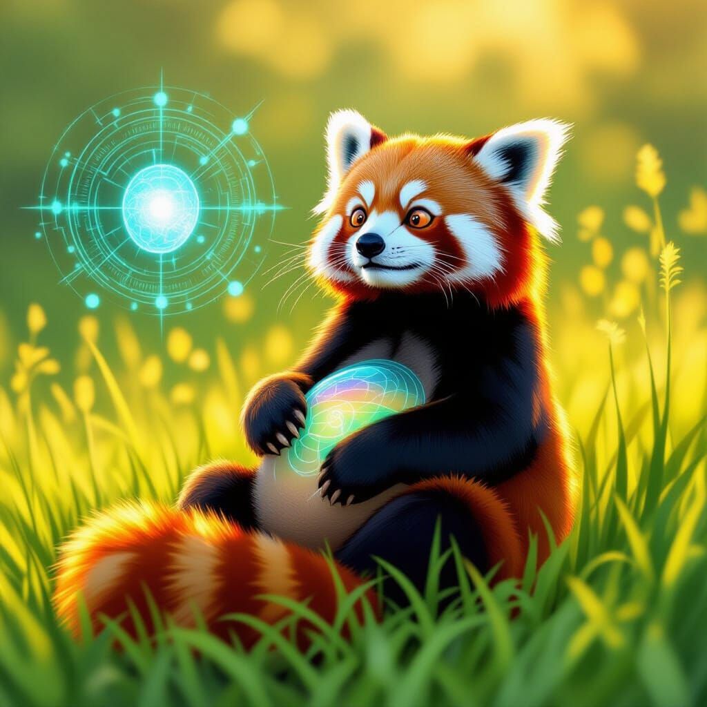 Pregnant Red Panda Daydreaming in Sunny Field