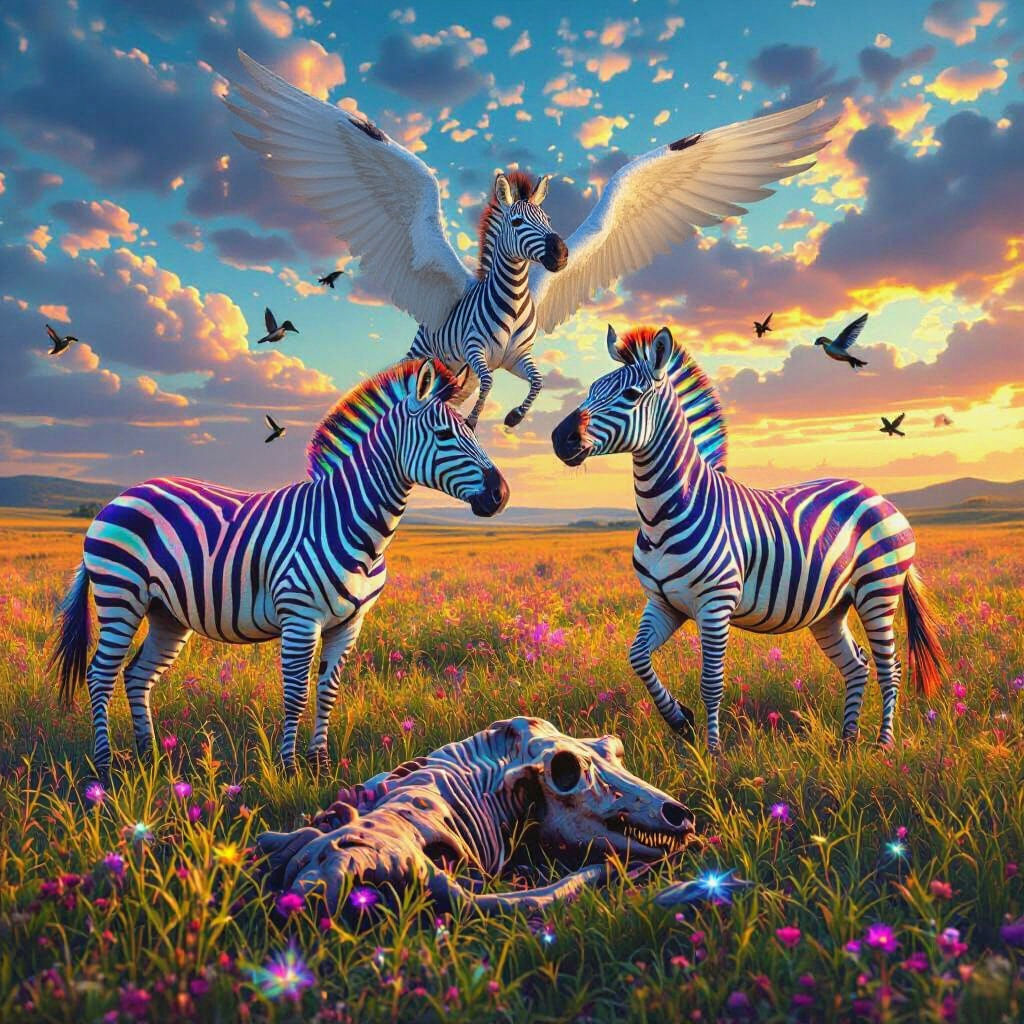 Rainbow Zebras in Field of Alien Flora