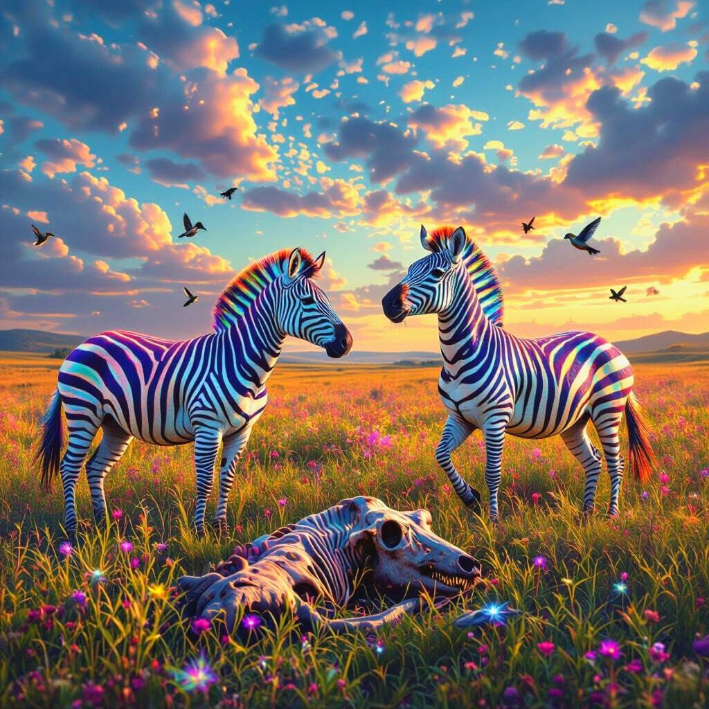 Rainbow Zebras in Fractal Dreamscape