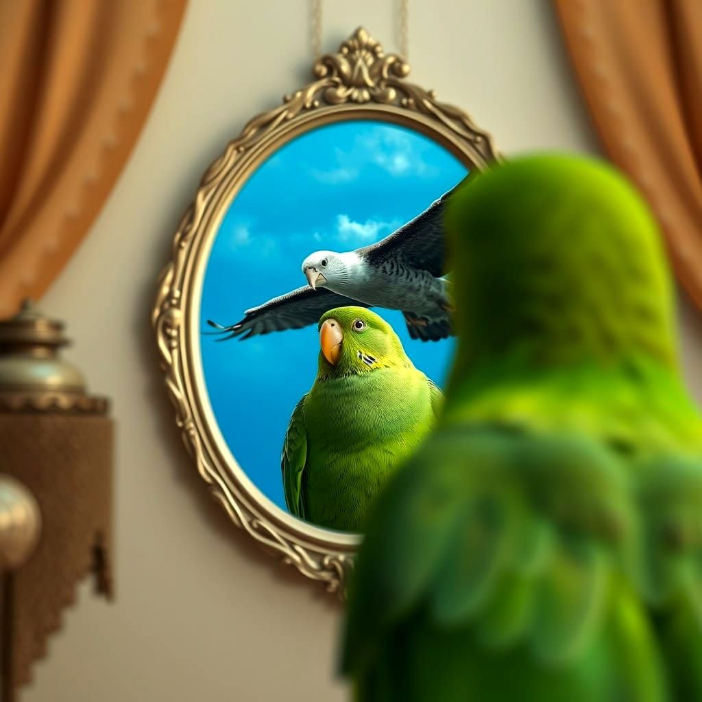 Green Budgie Sees Eagle Reflected in Mirror