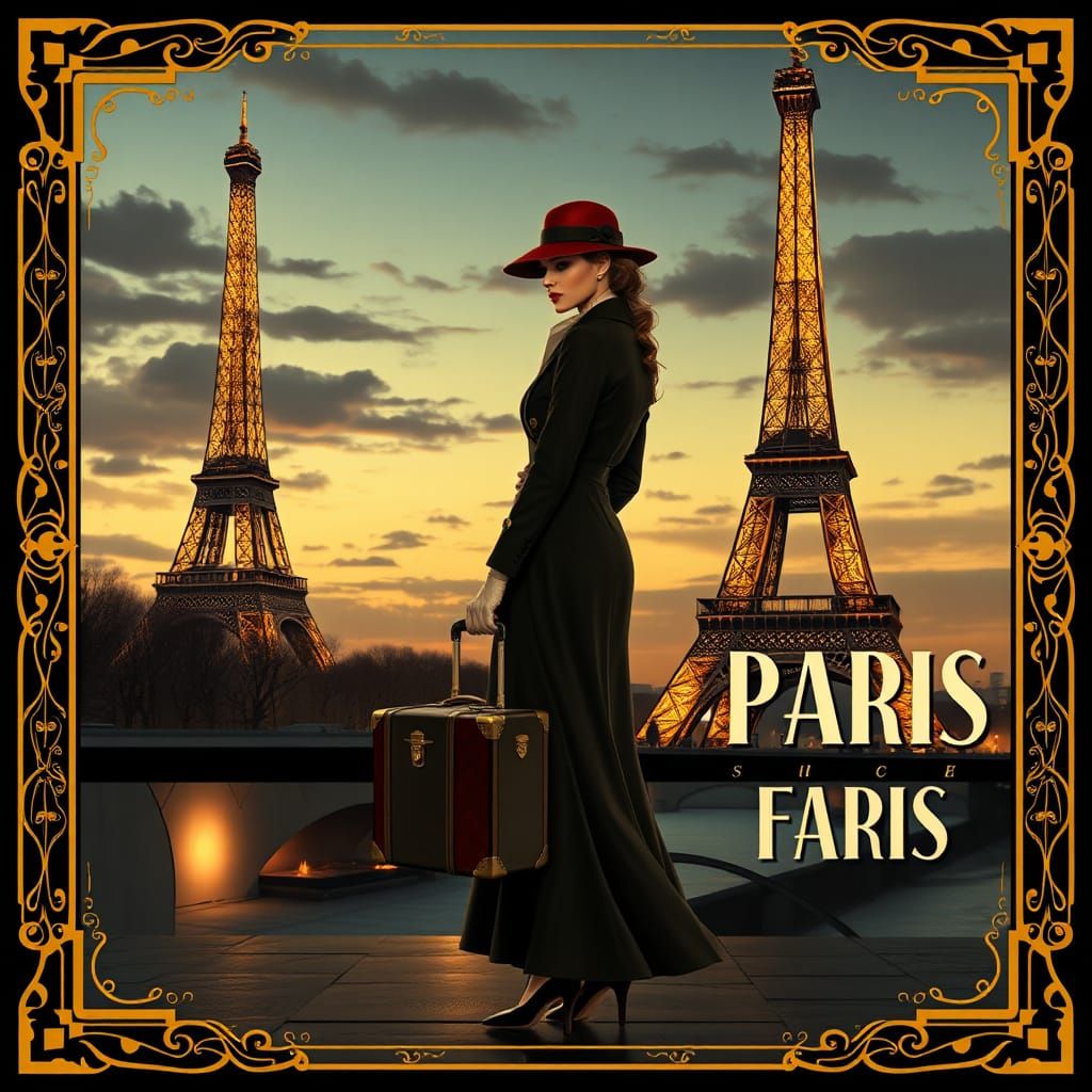 Elegant Woman at Eiffel Tower in Art Deco Style