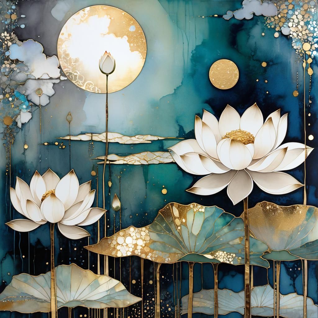 Surreal White Lotus Flowers in Alcohol Ink Style
