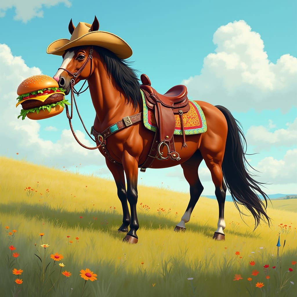 Horse Eating Hamburger in Sunny Meadow