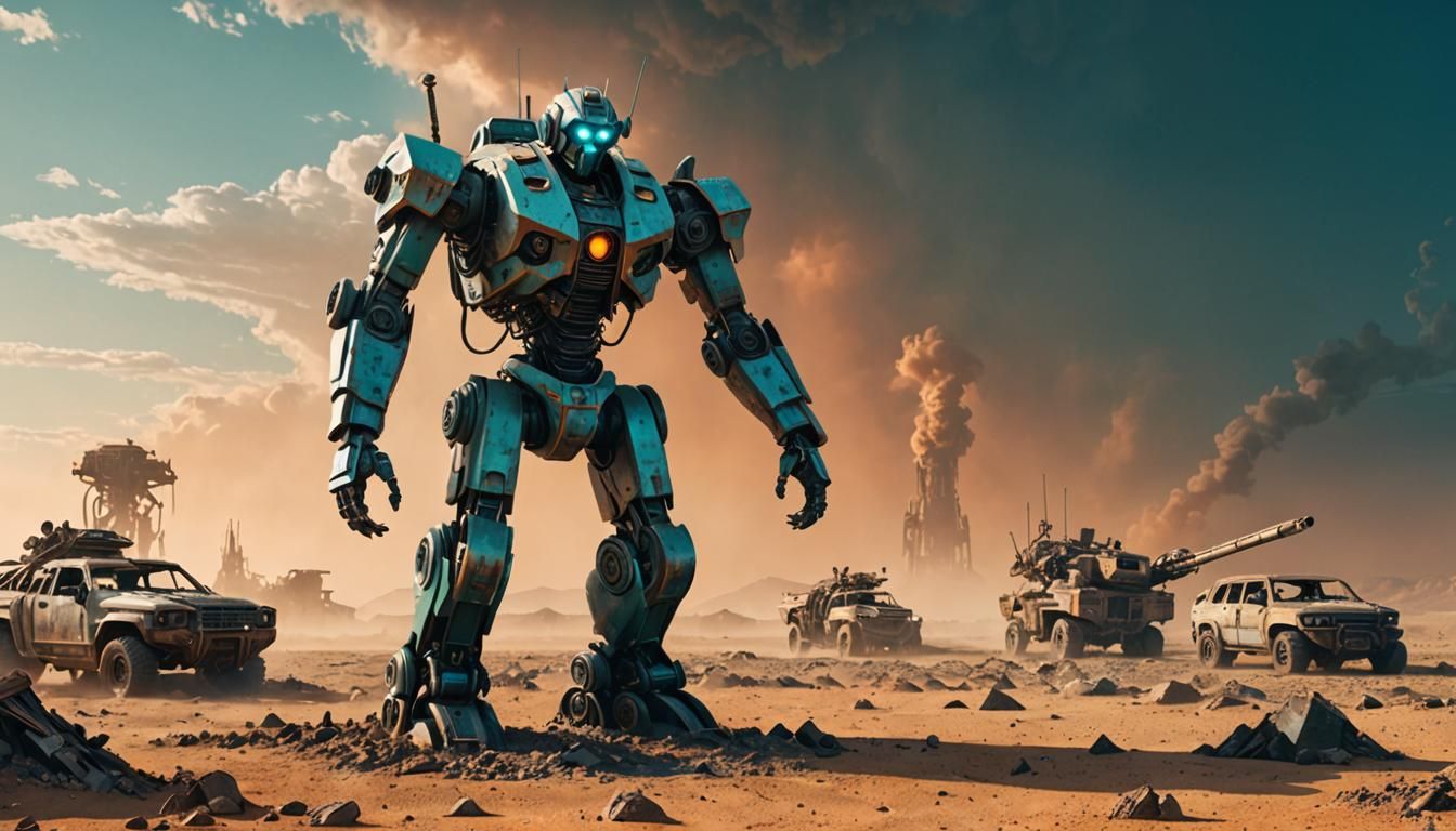 Dystopian Robot Statue in Post-Apocalyptic Wasteland