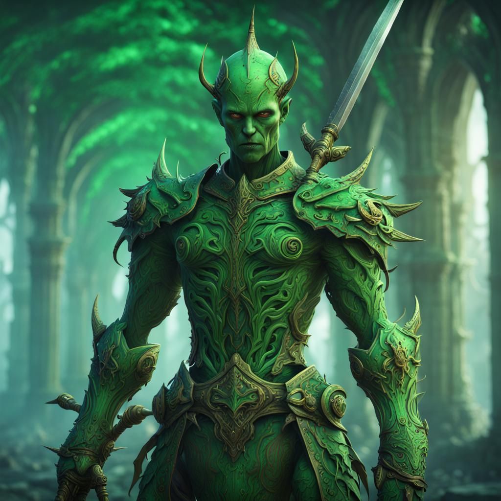 Green Armless Humanoid with Swords: Fantasy Art