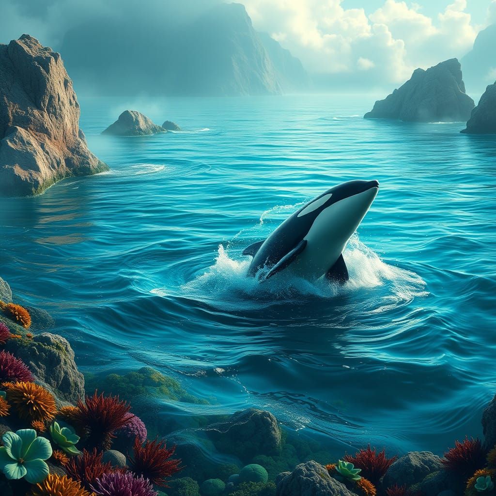 Majestic Orca Leaps Through Turquoise Oceanic Paradise
