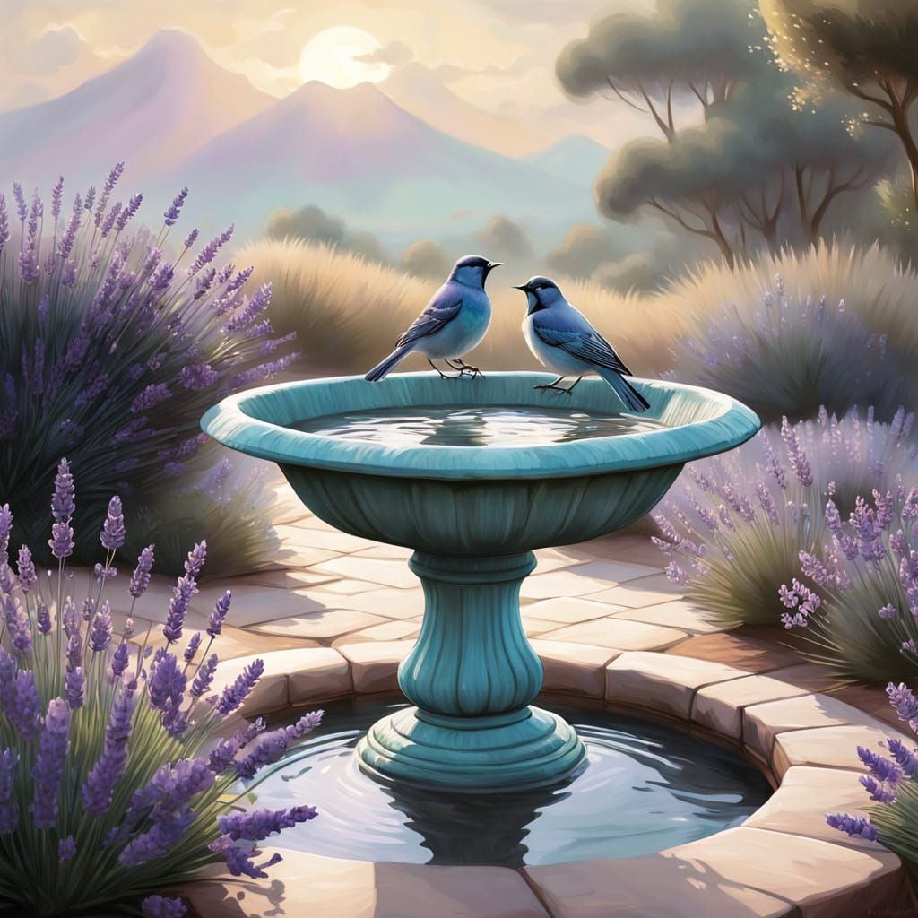 Surreal Birds Enjoy Turquoise Bird Bath Amidst Lavender Bloo...