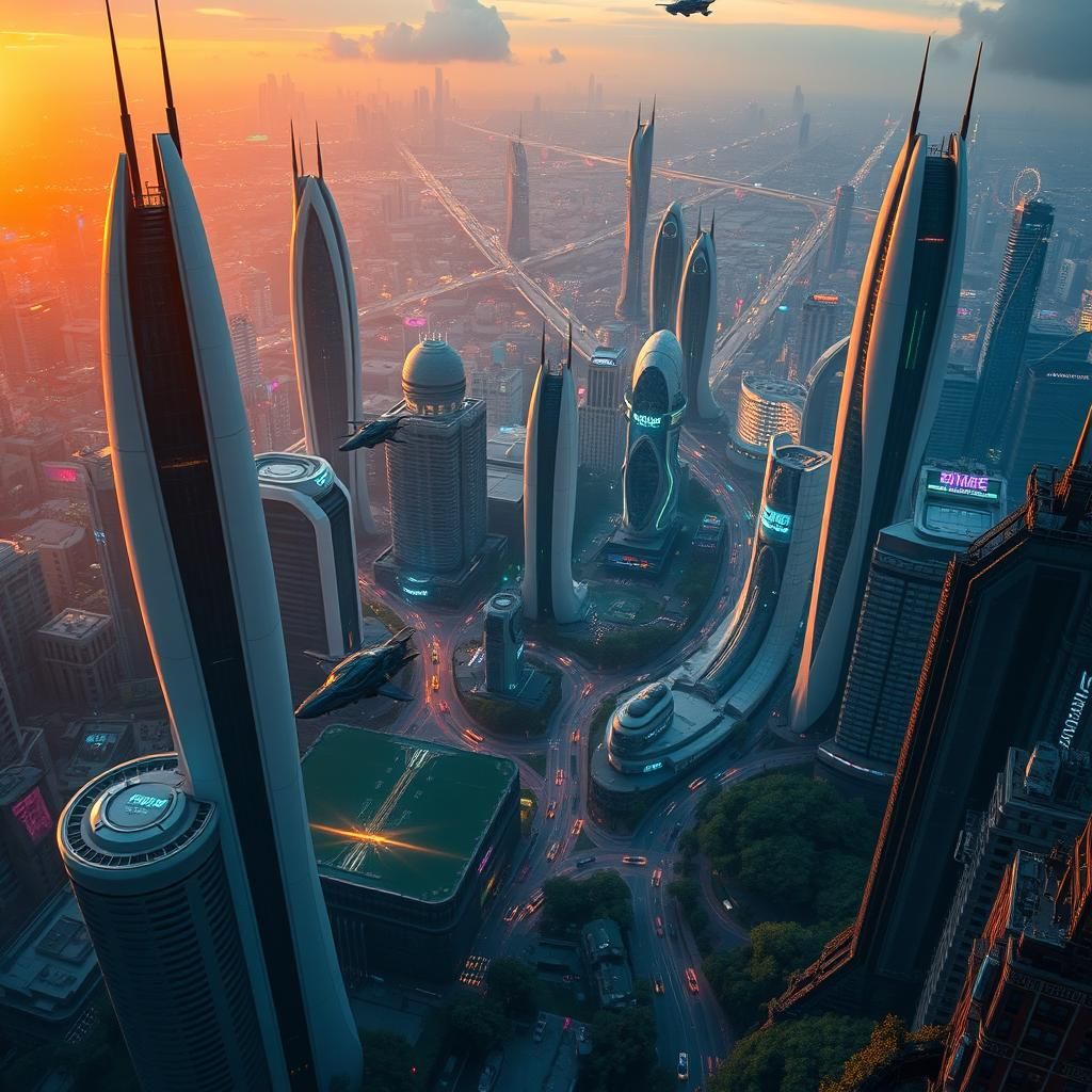 Cyberpunk Cityscape with Flying Cars at Sunset