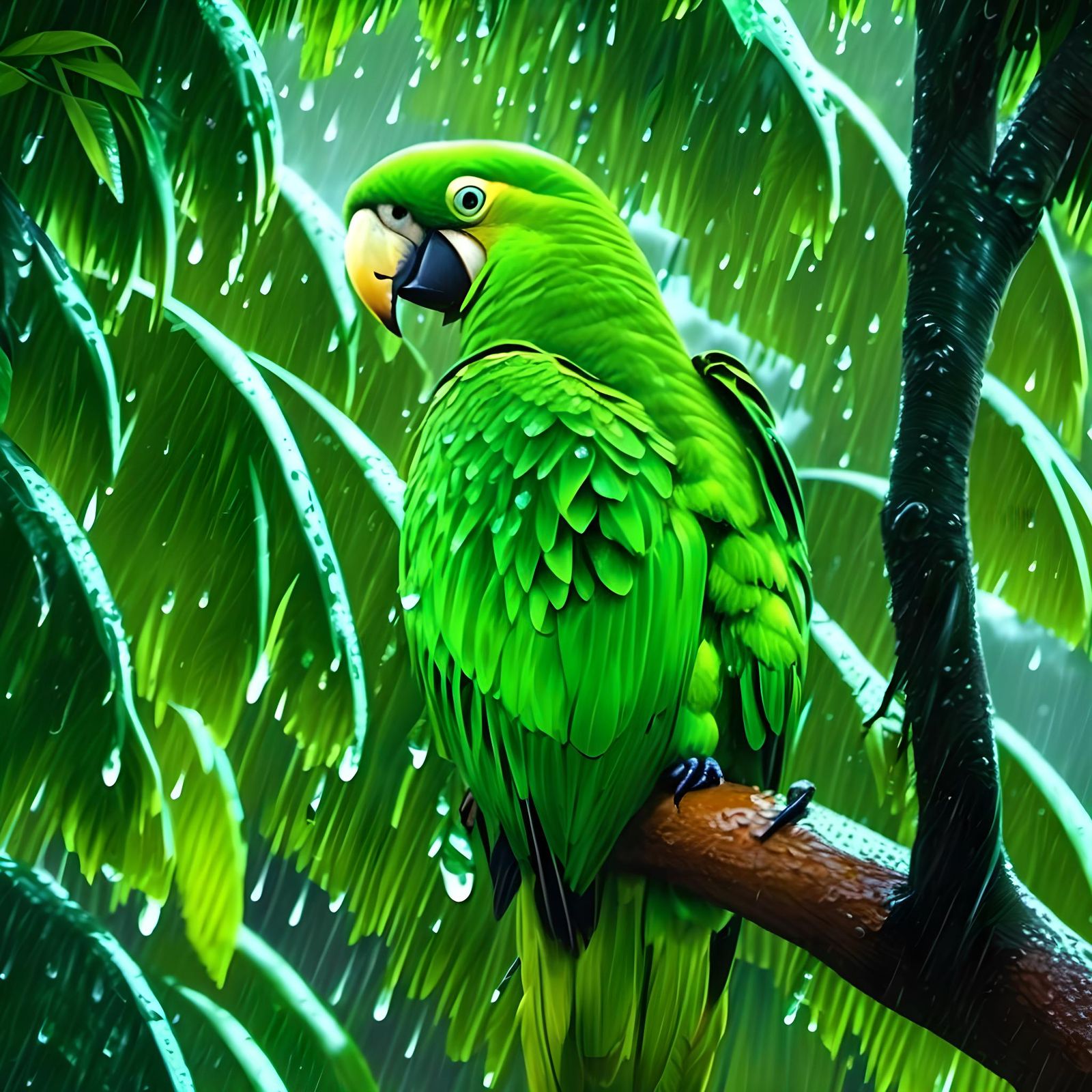 Green Parrot in Tropical Rainstorm