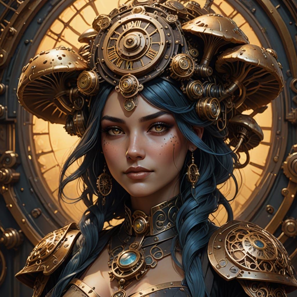 Steampunk Girl with Mushroom-Inspired Headpiece in Gritty In...