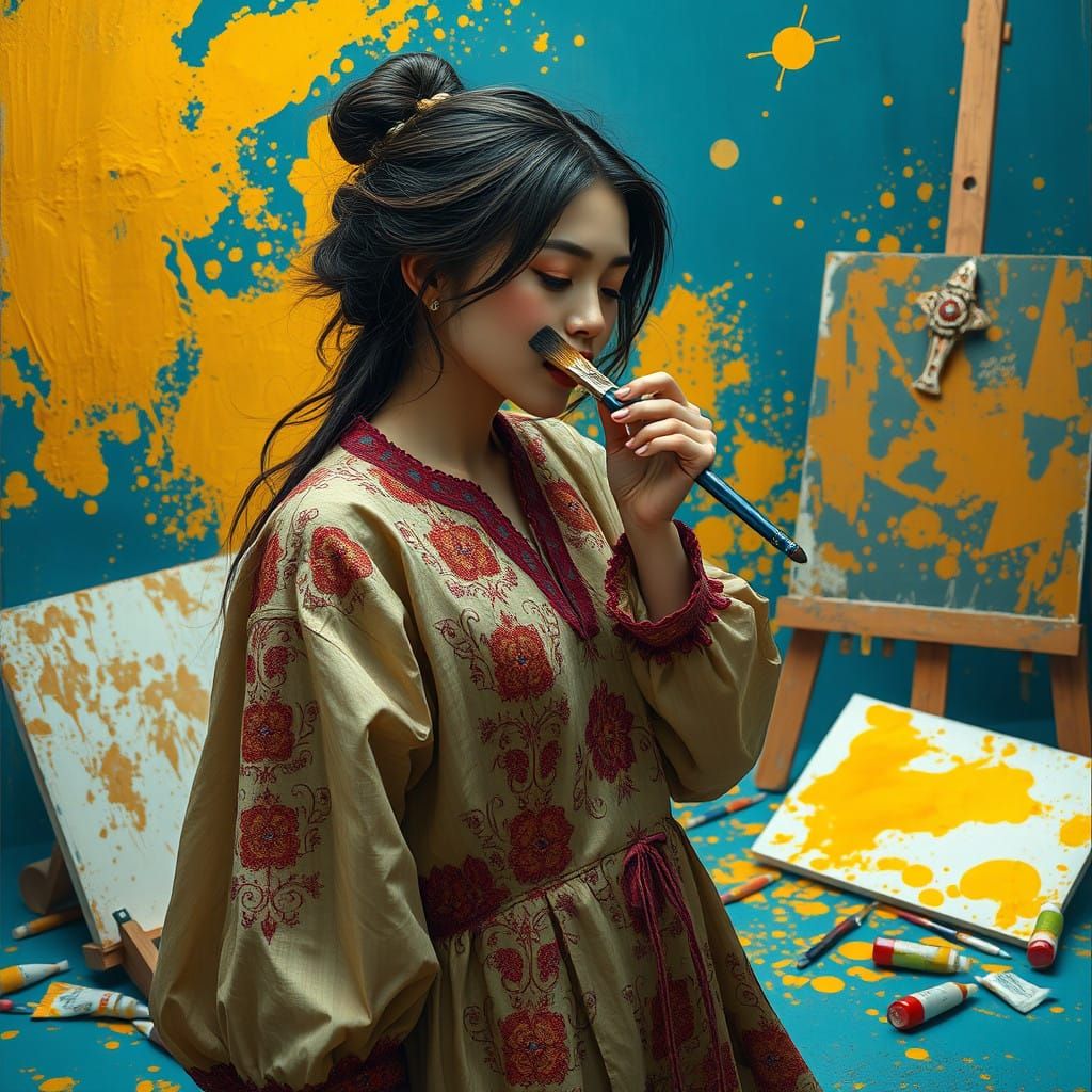 Woman in a Flowing Artist's Smock Bites a Paintbrush