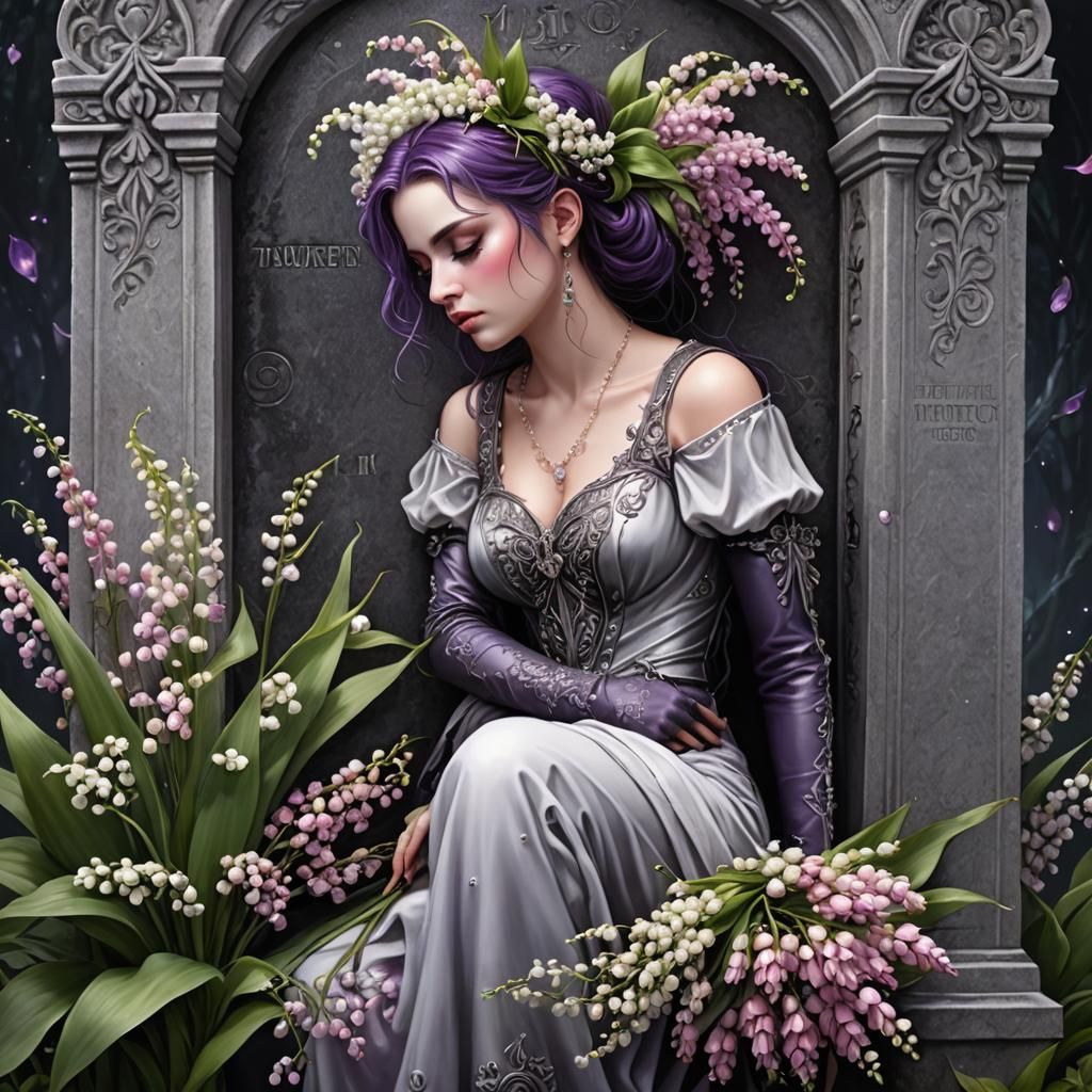 Sad Punk Woman Mourning with Flowers