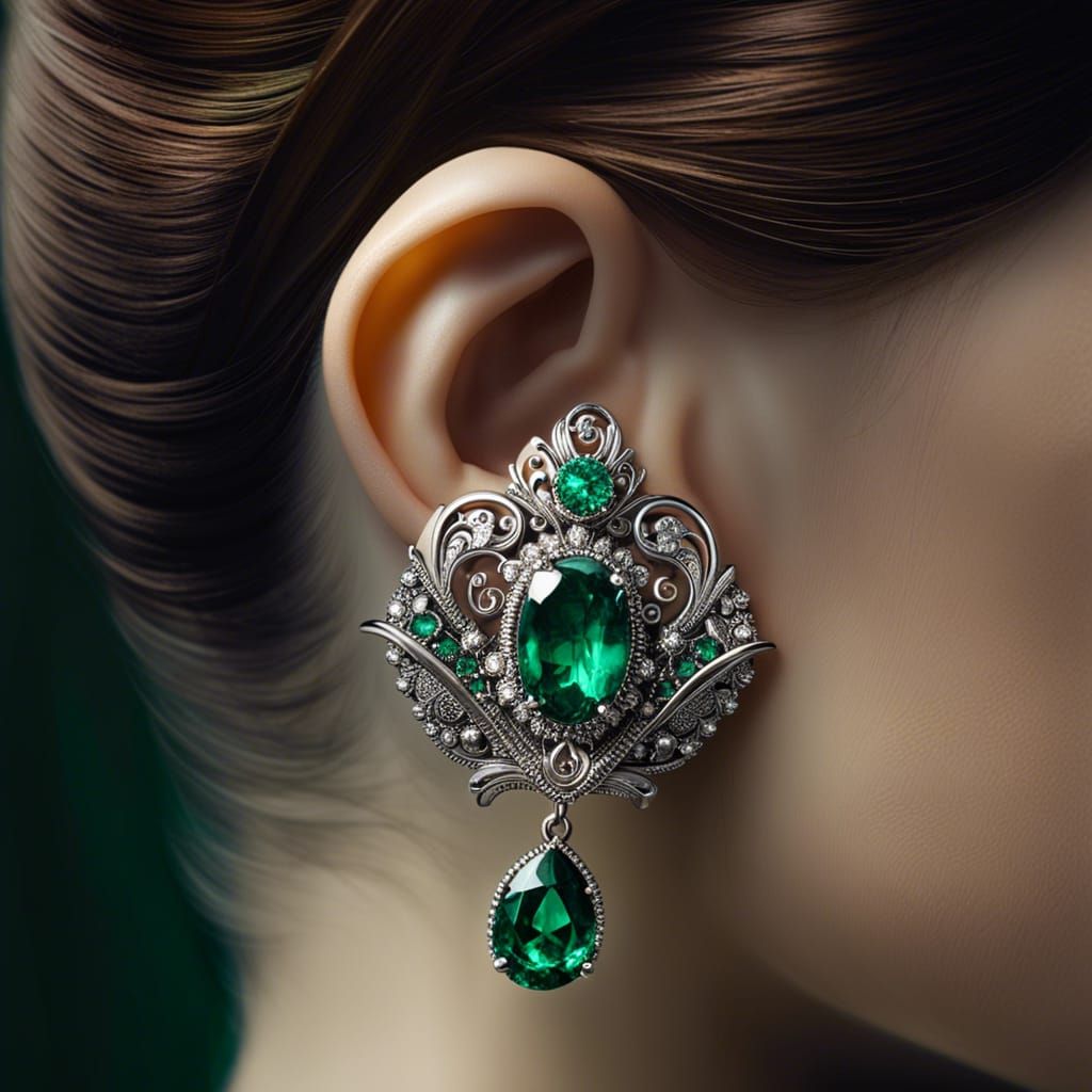 Silver Earring with Emerald in Hyperdetailed Image