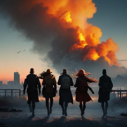 People Escape Burning City at Sunset