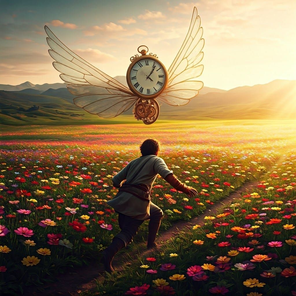 Man Chasing Flying Clock in Dreamlike Flower Field