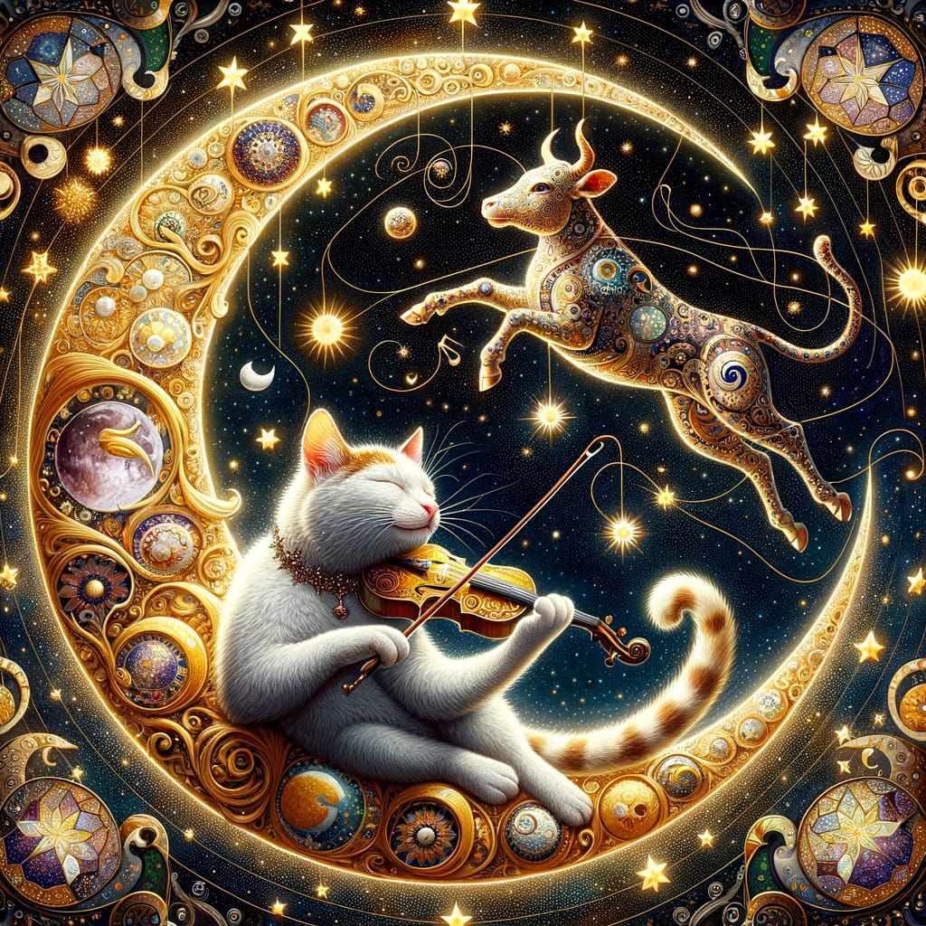 Whimsical Cat Plays Fiddle on Moon in Vienna Secession Style
