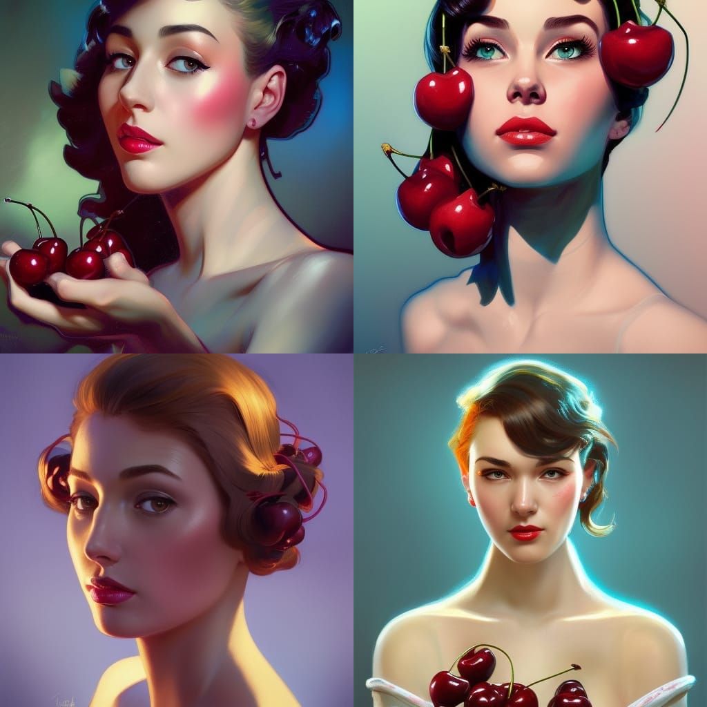 Retro Cherries Portrait in Art Nouveau Style
