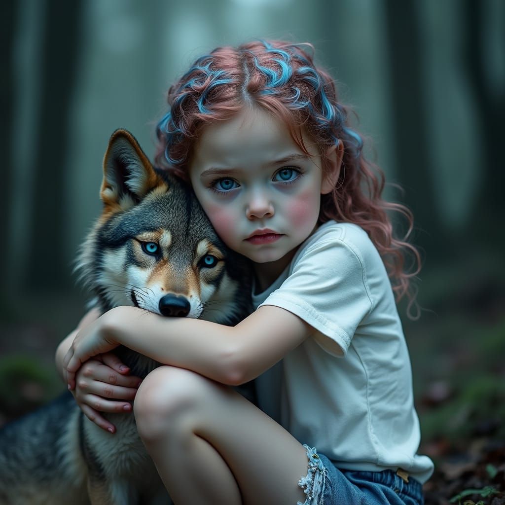 Child and Wolf in Forest