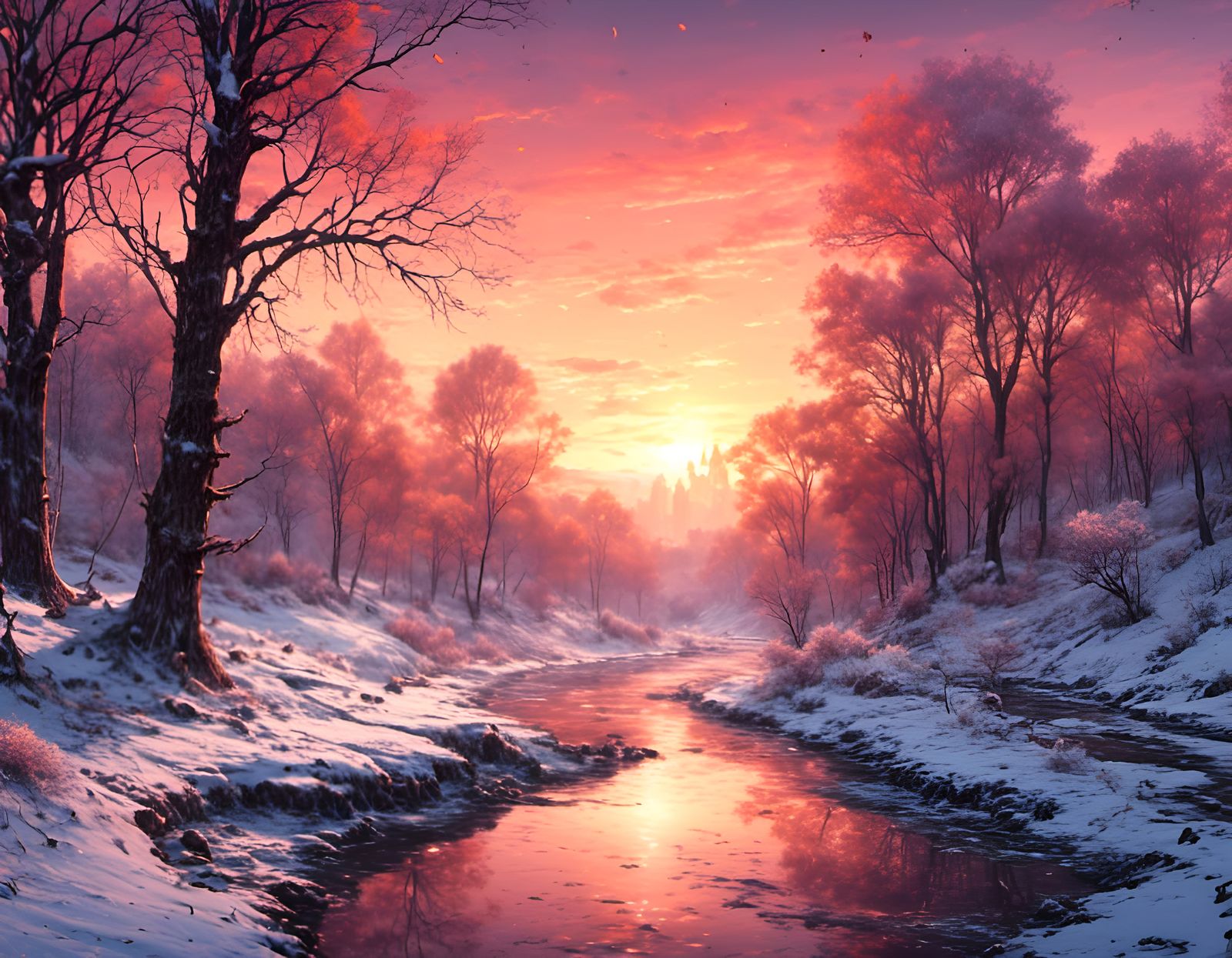 Winter River Sunset: Detailed Matte Painting