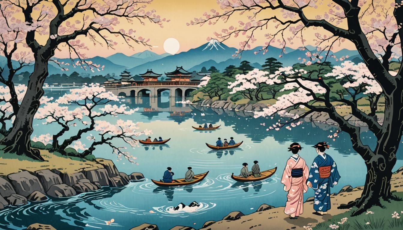 Cherry Blossoms by the River: Ukiyo-e Woodblock Print