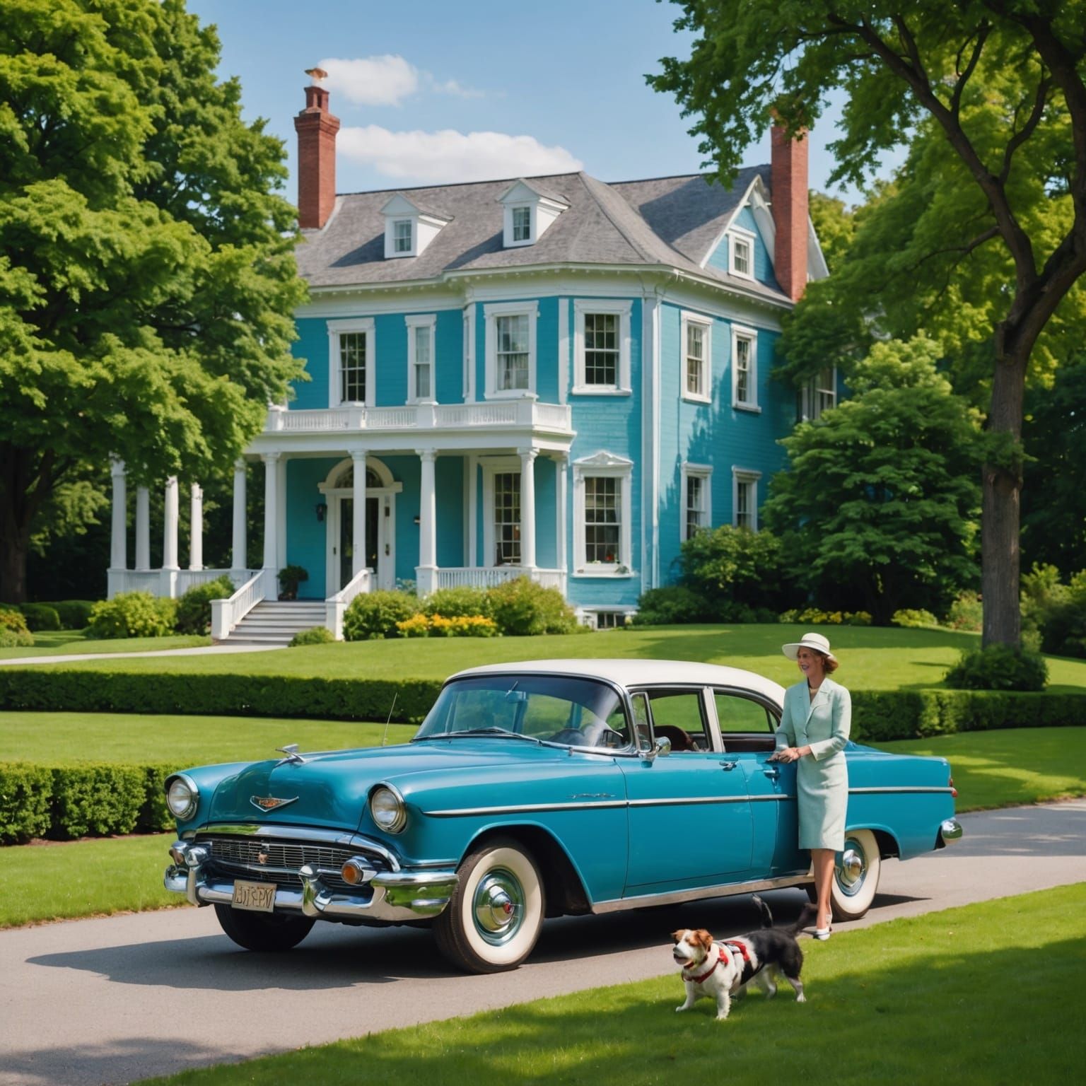 Nostalgic Photo of Classic Car and Suburban Bliss