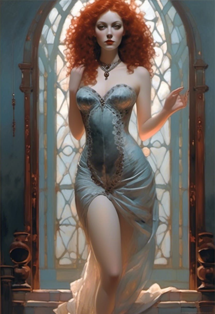 Pale Red-Haired Vampiress in Dark Fairy Tale Style